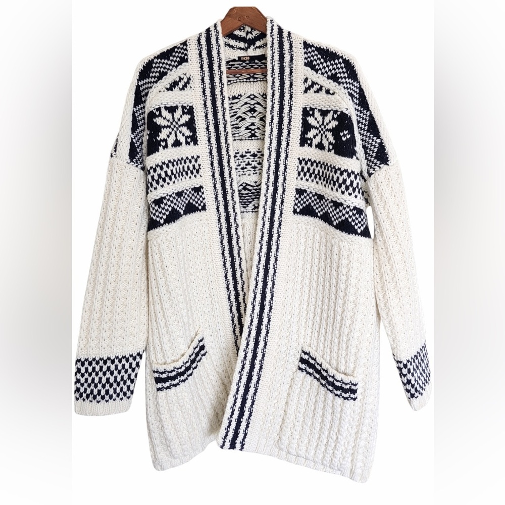 Maje Nordic Fair Isle Chunky Knit Wool Blend Cardigan Oversized Cozy Luxury S/M